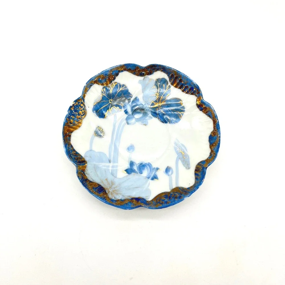 Vintage‎ Blue Floral Lotus Flower Dish Trinket Plate Decorative Gold Accent